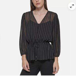 DKNY Black Striped Peplum Sheer Blouse Medium